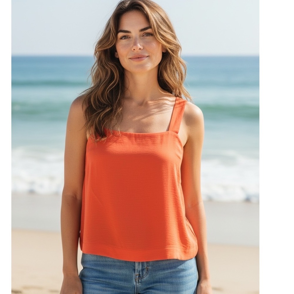 MONTEAU Orange Coral Square Neck Tank Top, Women's X-Large Textured Cropped NWOT
